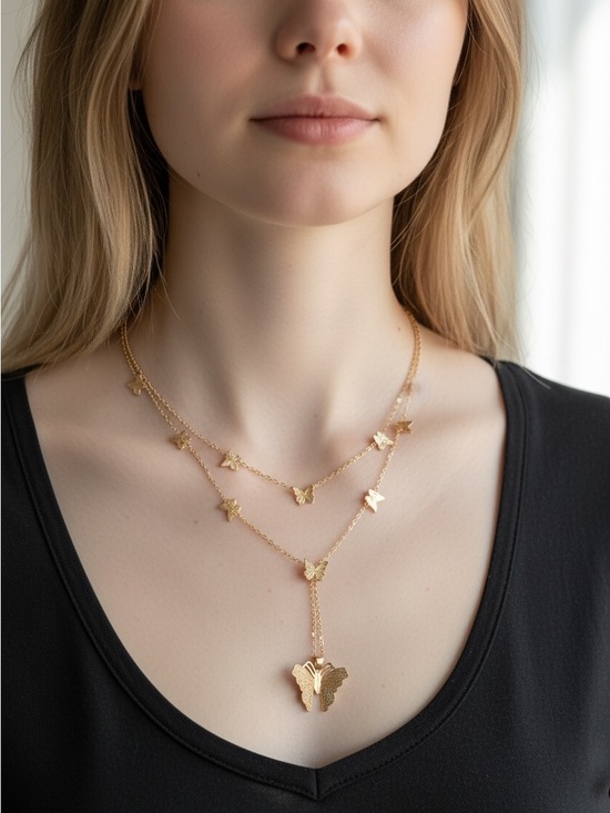 Jewelry - 8/28 Gold Butterfly Layered Necklace - Women Jewelry